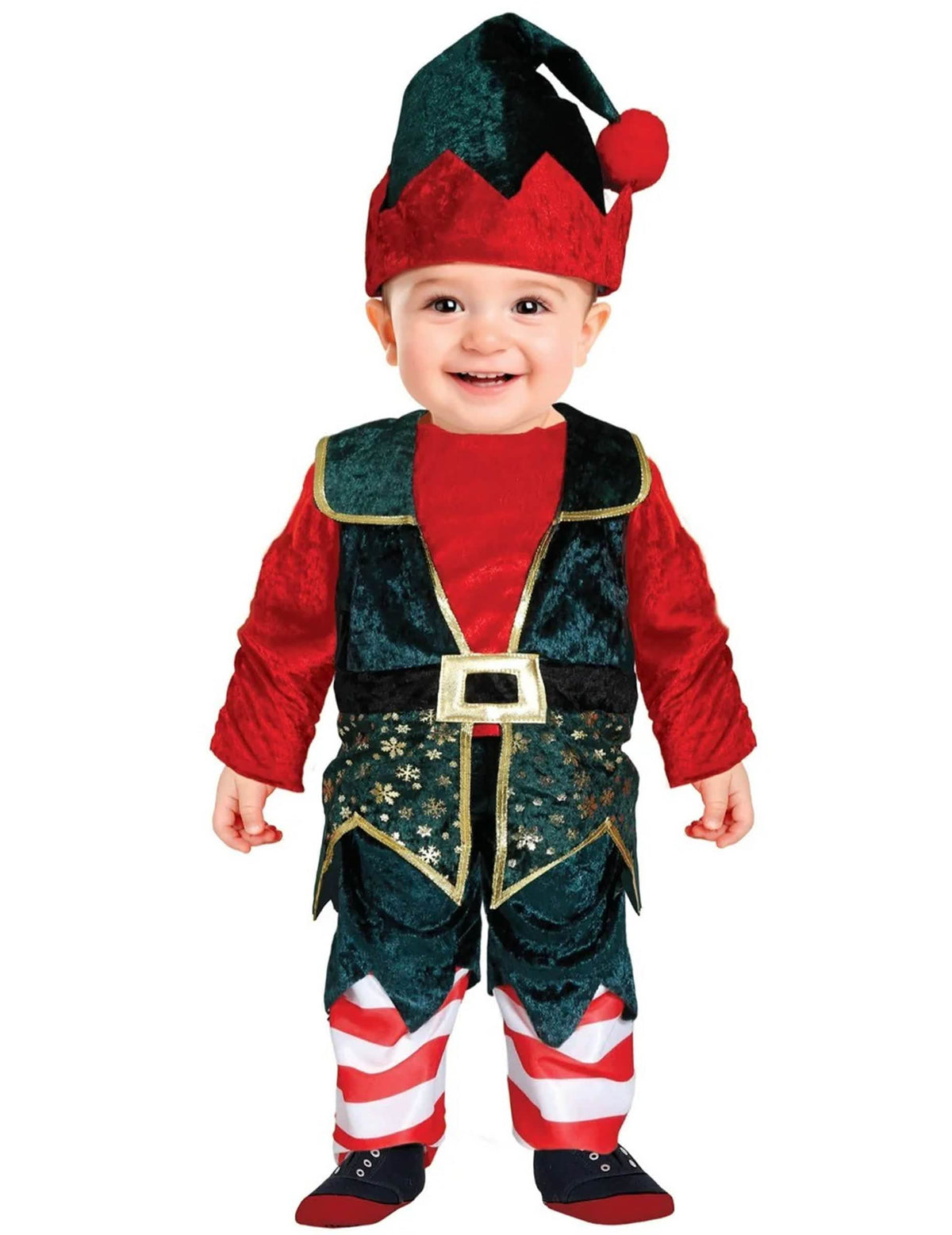 Déguisement elfe de Noël pour bébé en velours vert et rouge avec bonnet