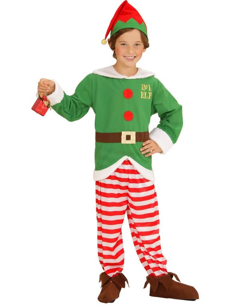 Gestreiftes Weihnachten-Elfenkostüm für Kinder Grün und Rot mit Mütze