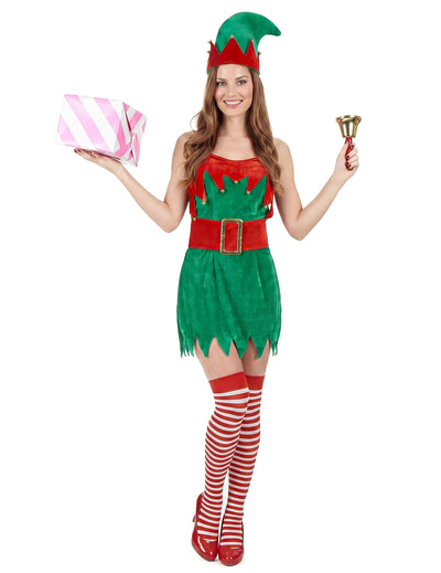 Samtoptik Weihnachtswichtel-Kostüm für Damen in grün-rot