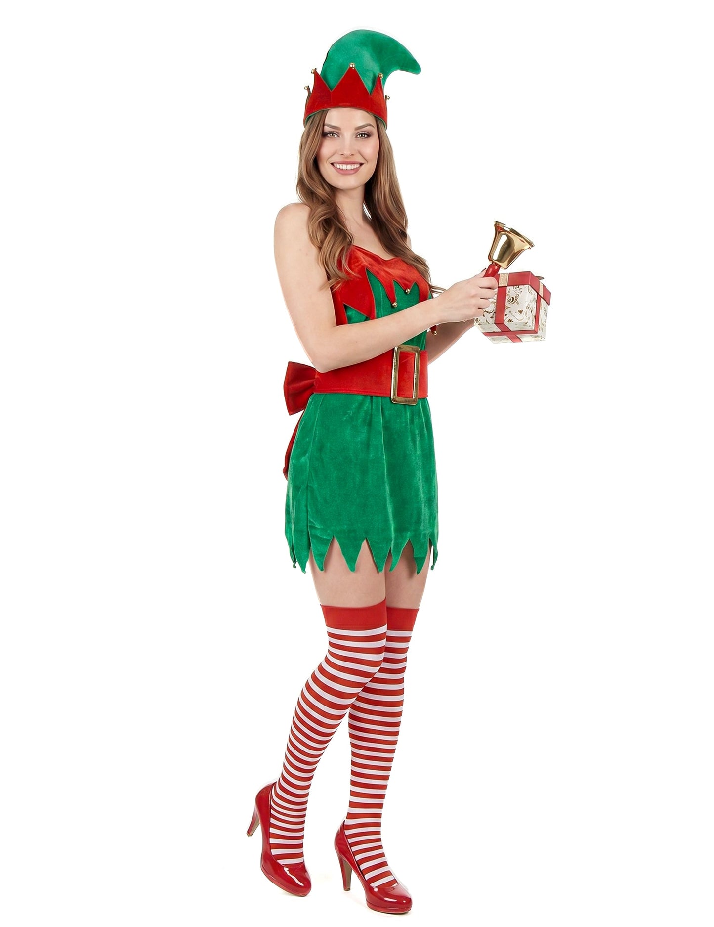 Samtoptik Weihnachtswichtel-Kostüm für Damen in grün-rot