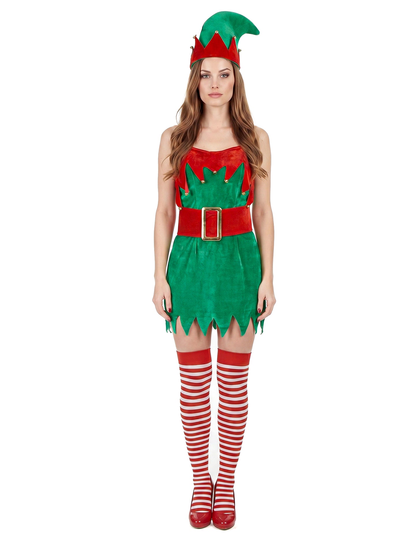 Samtoptik Weihnachtswichtel-Kostüm für Damen in grün-rot