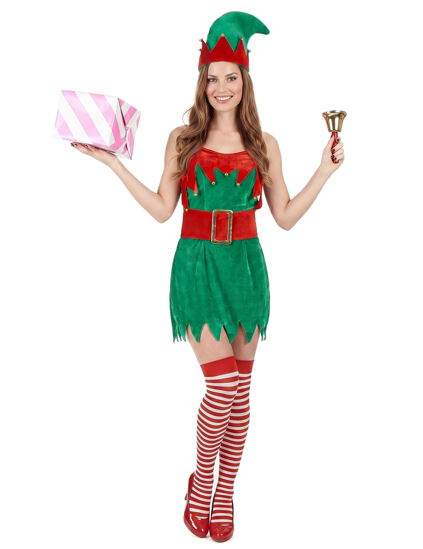 Samtoptik Weihnachtswichtel-Kostüm für Damen in grün-rot