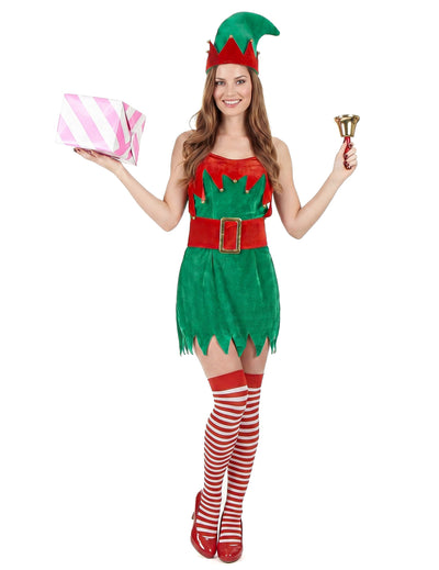 Samtoptik Weihnachtswichtel-Kostüm für Damen in grün-rot