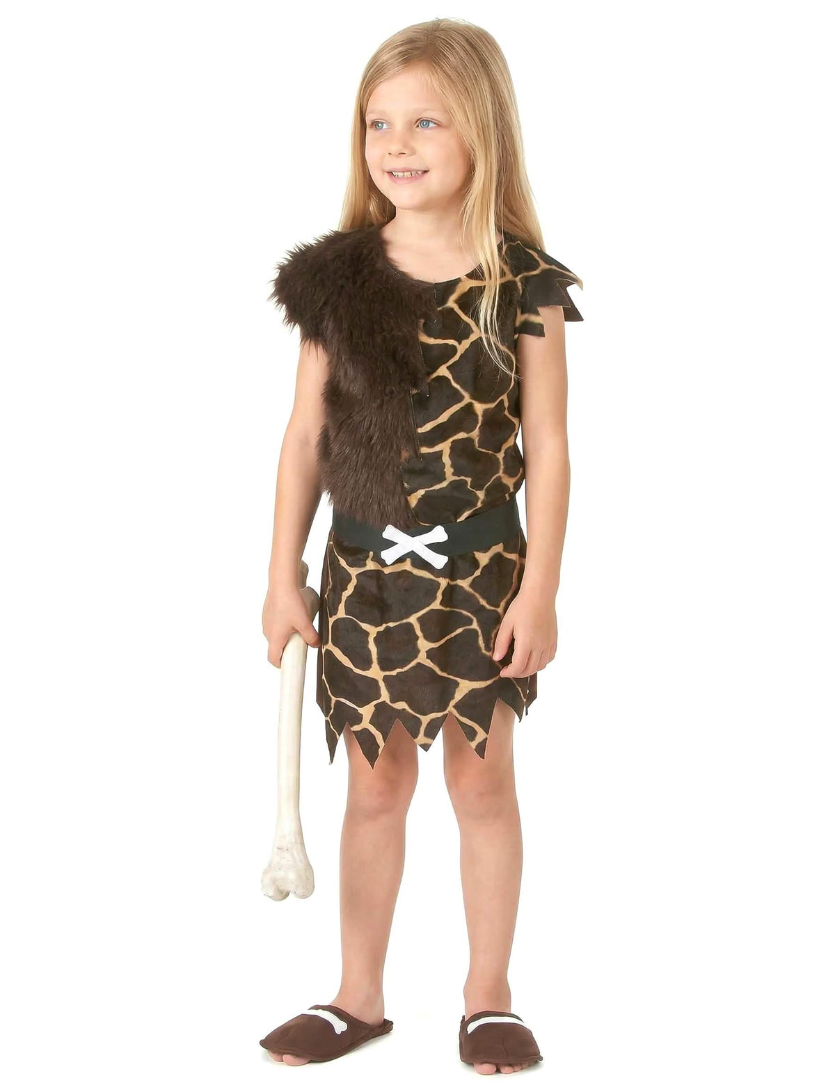 Vue d'ensemble avec l'accessoire os du déguisement d'enfant des cavernes