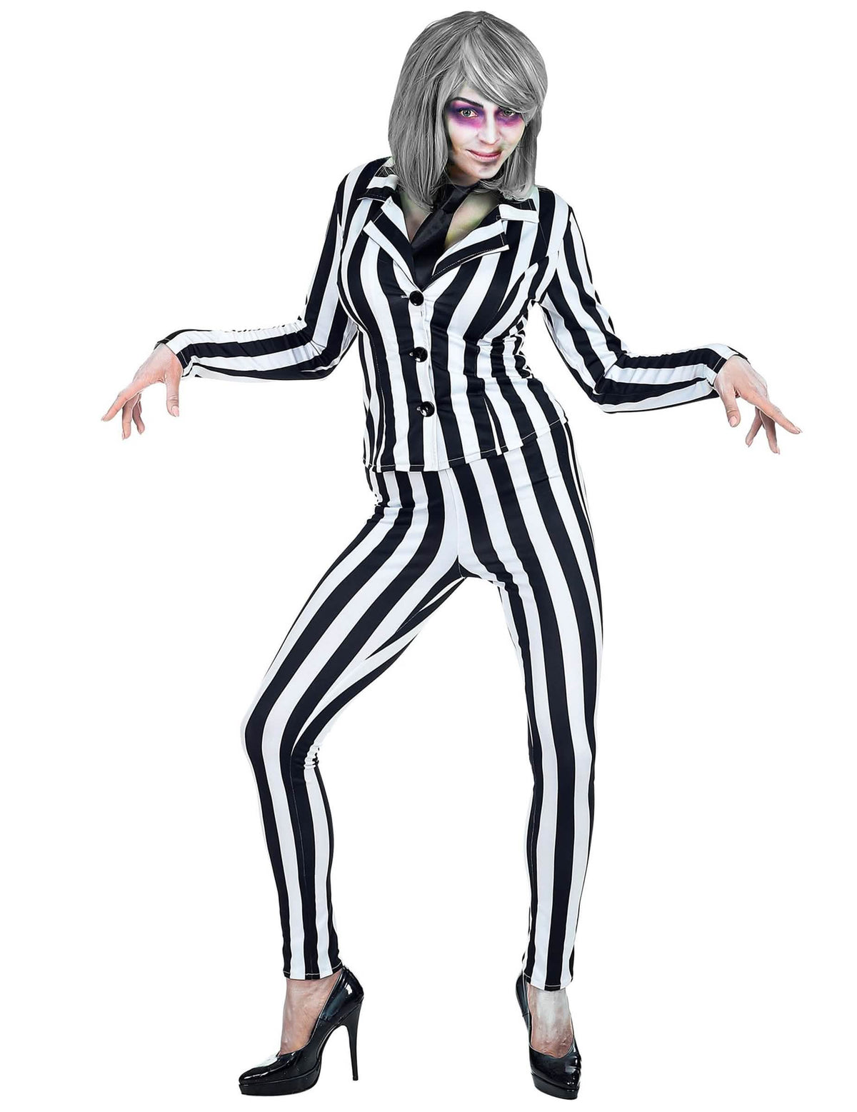 Gruseliges gestreiftes Geisterkostüm für Damen in Black and White mit Krawatte