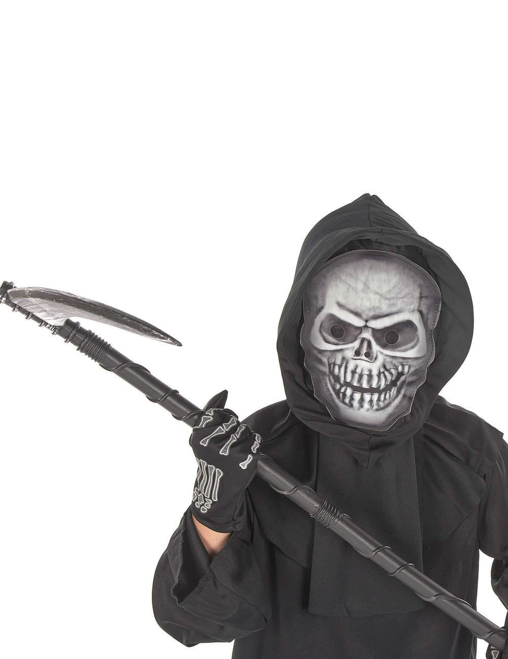 Déguisement faucheur sinistre pour enfant noir avec masque de squelette et faux