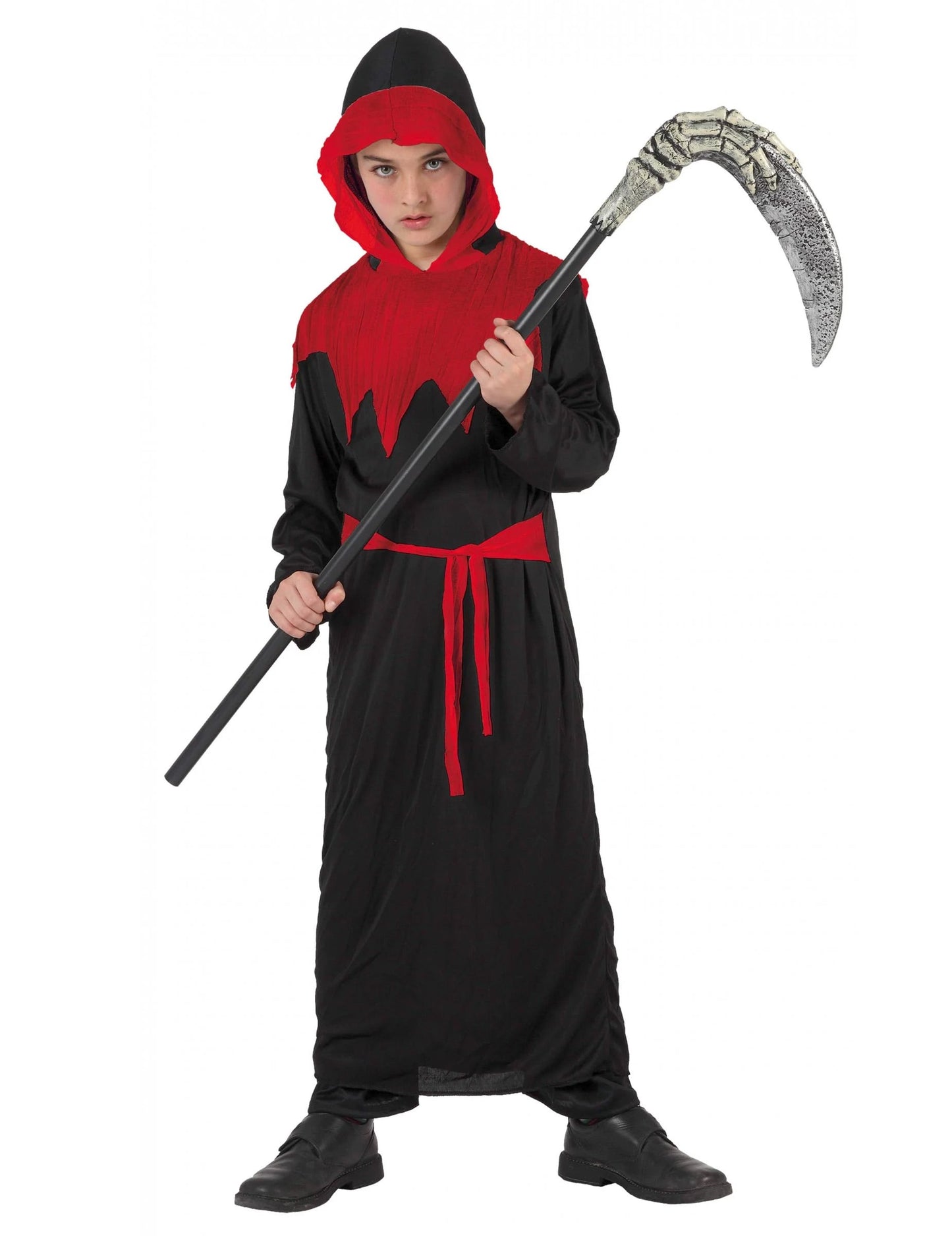 Déguisement de faucheuse pour enfant noir et rouge avec capuche