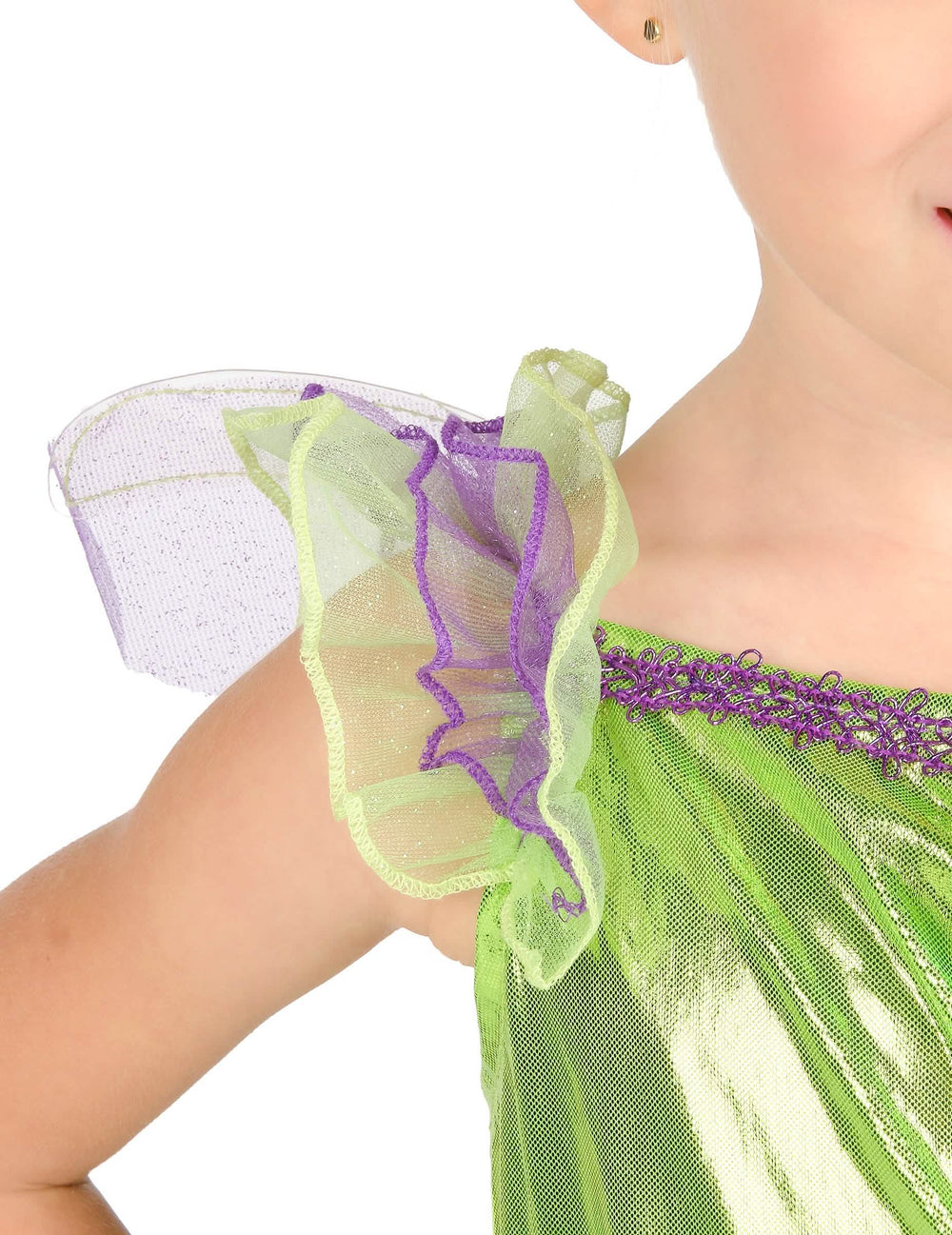 Détail du volant d'épaule vert et violet du déguisement Fée Clochette™ classique