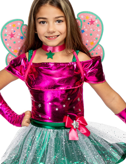 Gros plan sur le buste et les accessoires du déguisement Flora Winx™ pour fille