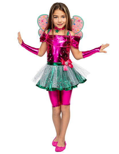 Déguisement Flora Winx™ pour fille rose et vert avec ailes