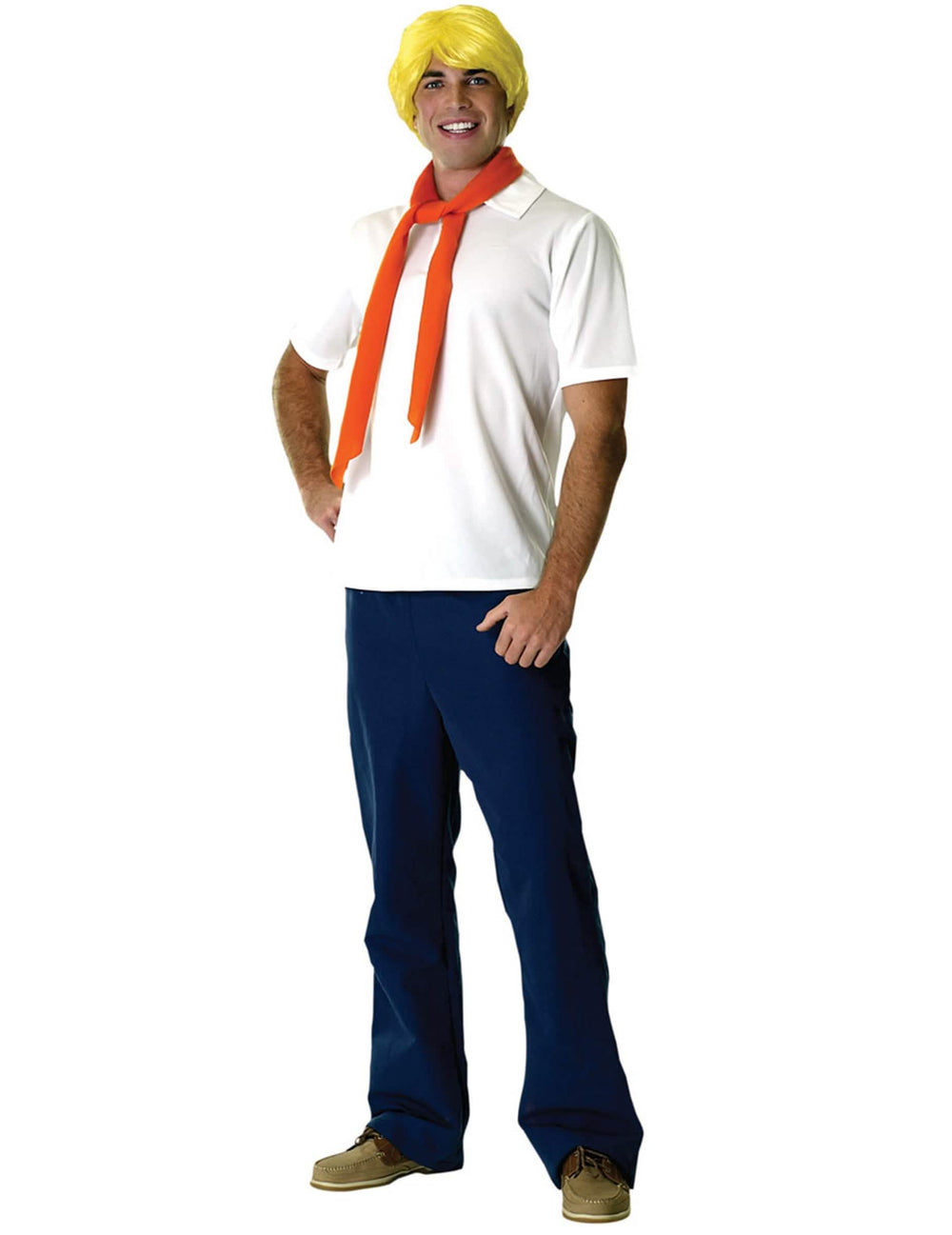 Fred-Scooby-Doo-Kostüm für Herren Weiß und Blau mit orangefarbenem Schal