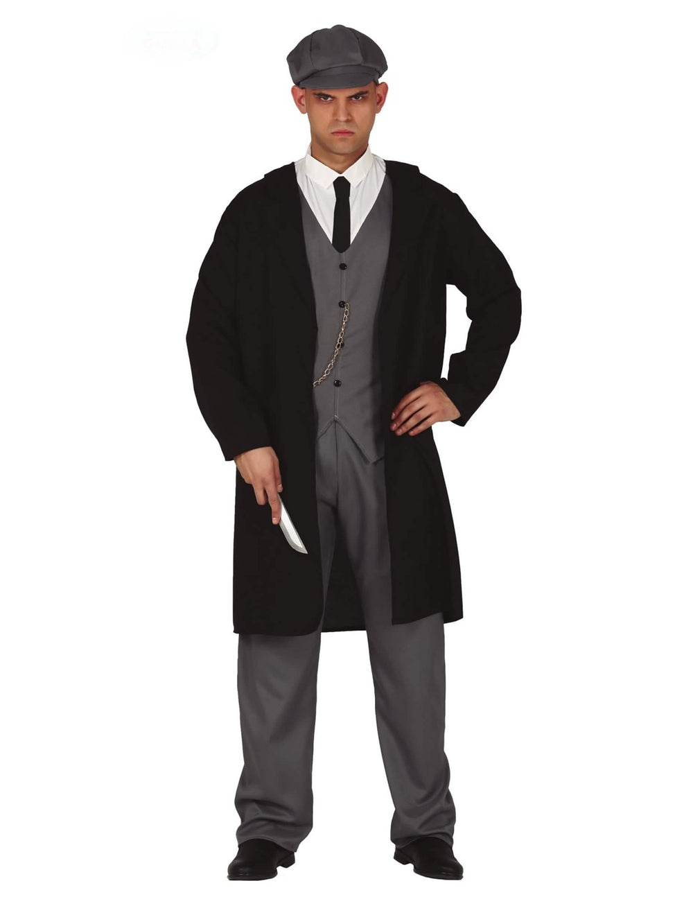 Déguisement de gangster anglais pour homme noir et gris avec casquette