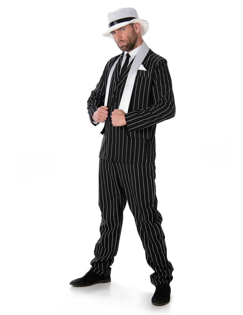 Déguisement gangster pour homme noir à rayures blanches avec chapeau et écharpe