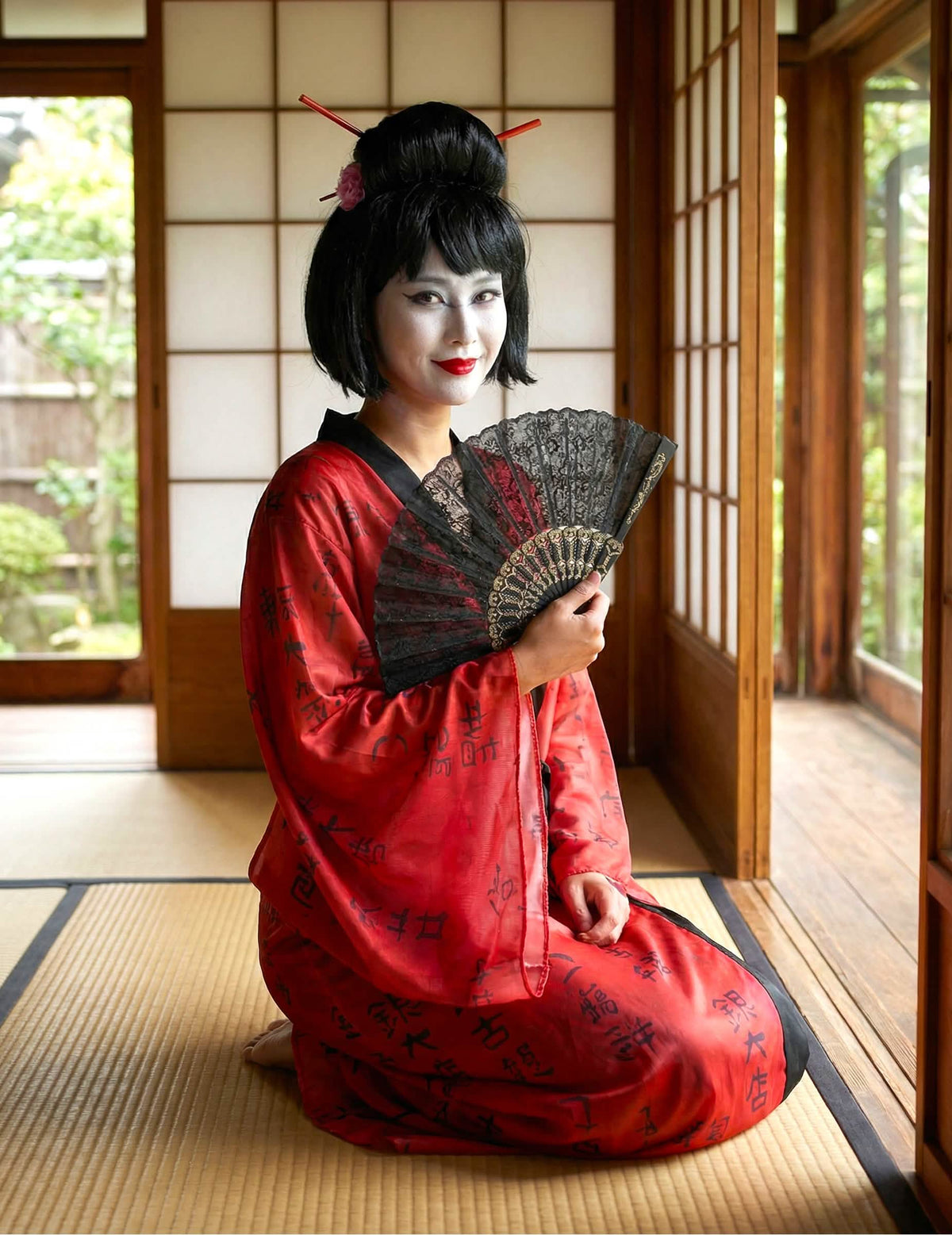 Vue de face agenouillée du déguisement kimono geisha