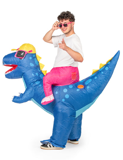 Vue de côté du déguisement gonflable à dos de dinosaure pour adulte
