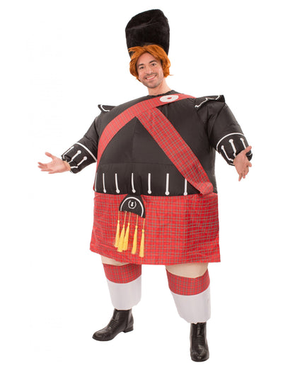 Aufblasbares schottisches Kostüm für Erwachsene mit rotem und schwarzem Kilt und Hut