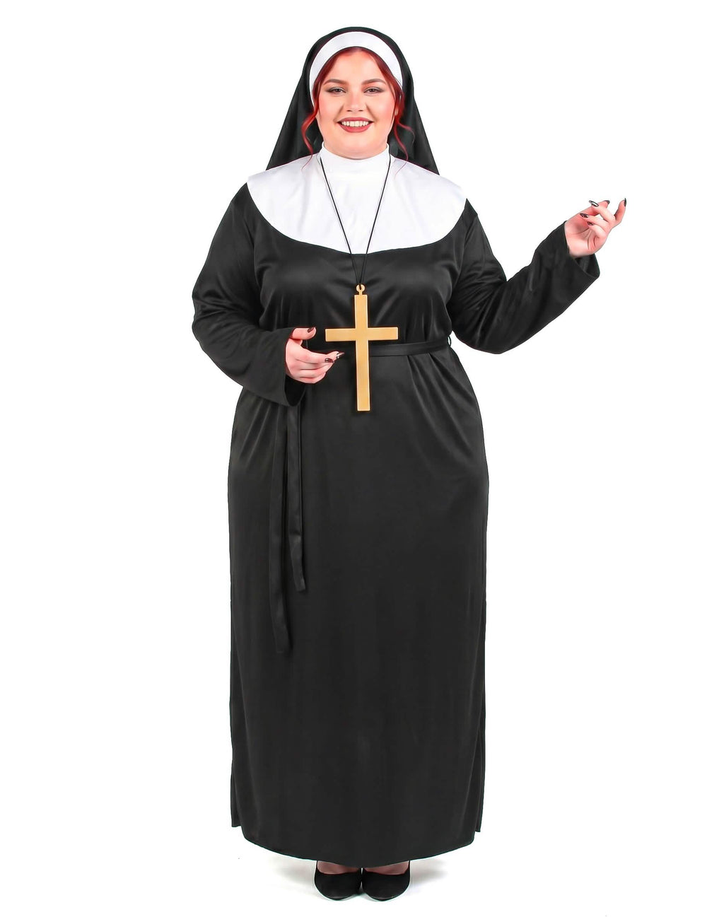 Nonne-Kostüm für Damen schwarz und weiß mit goldenem Kreuz