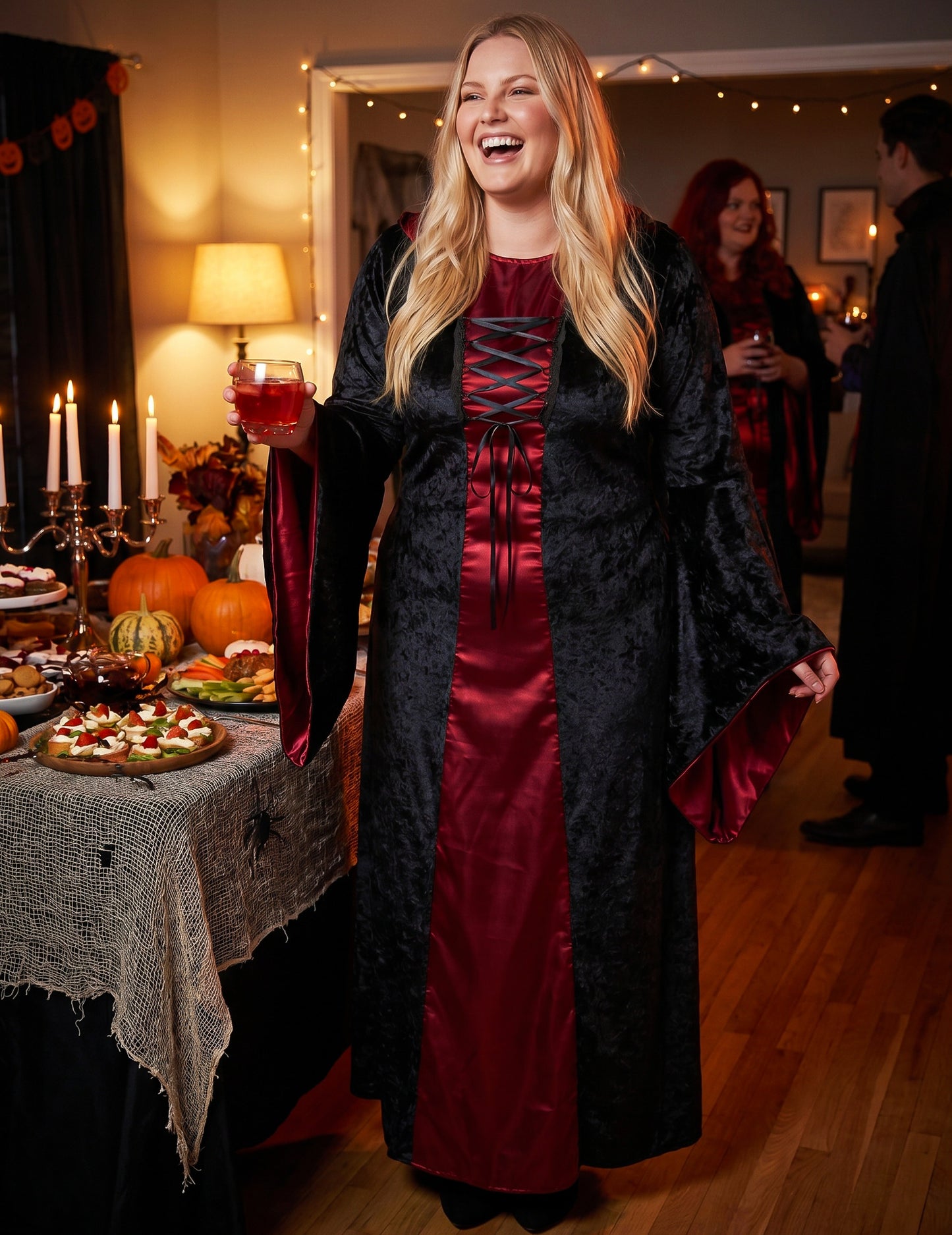 Gothic Hexenkostüm Plus Size für Damen rot-schwarz