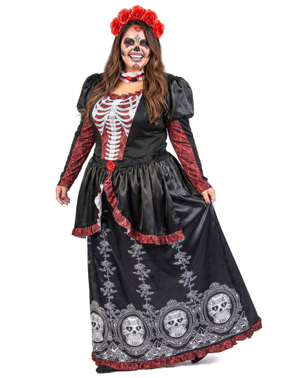 Dia de los muertos Damenkostüm in Übergröße für Frauen schwarz