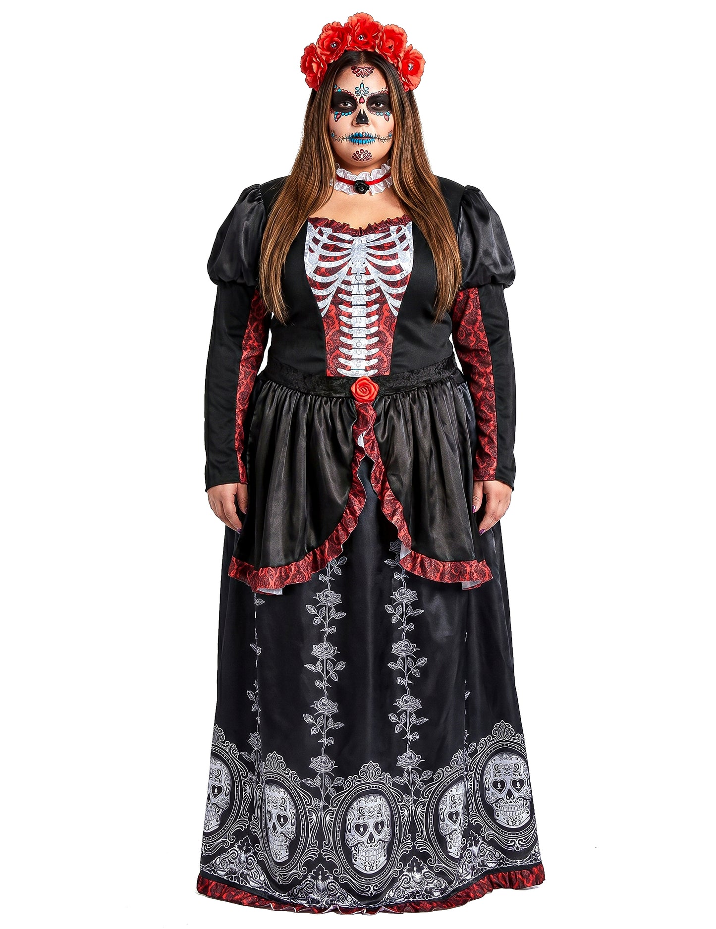Dia de los muertos Damenkostüm in Übergröße für Frauen schwarz