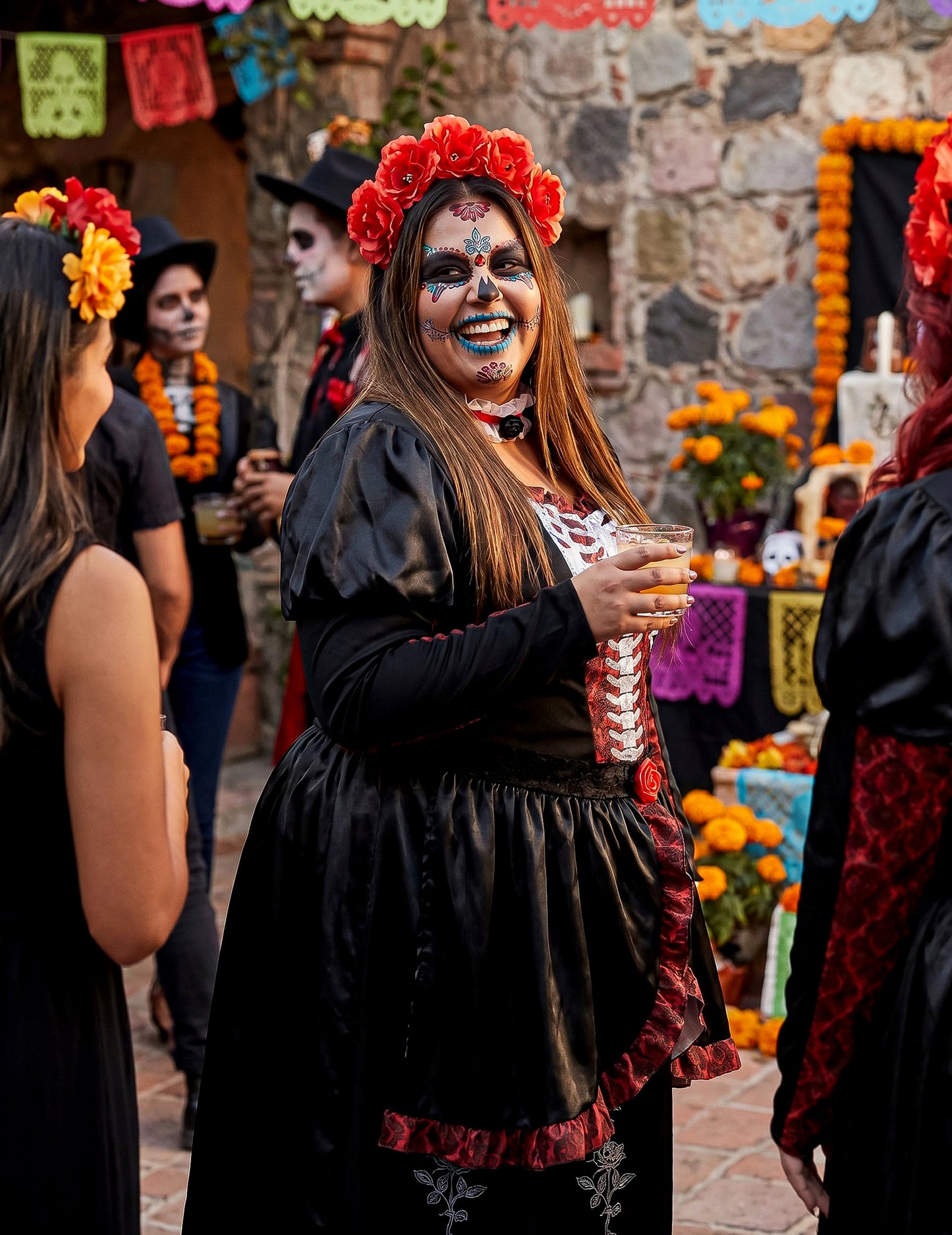 Dia de los muertos Damenkostüm in Übergröße für Frauen schwarz