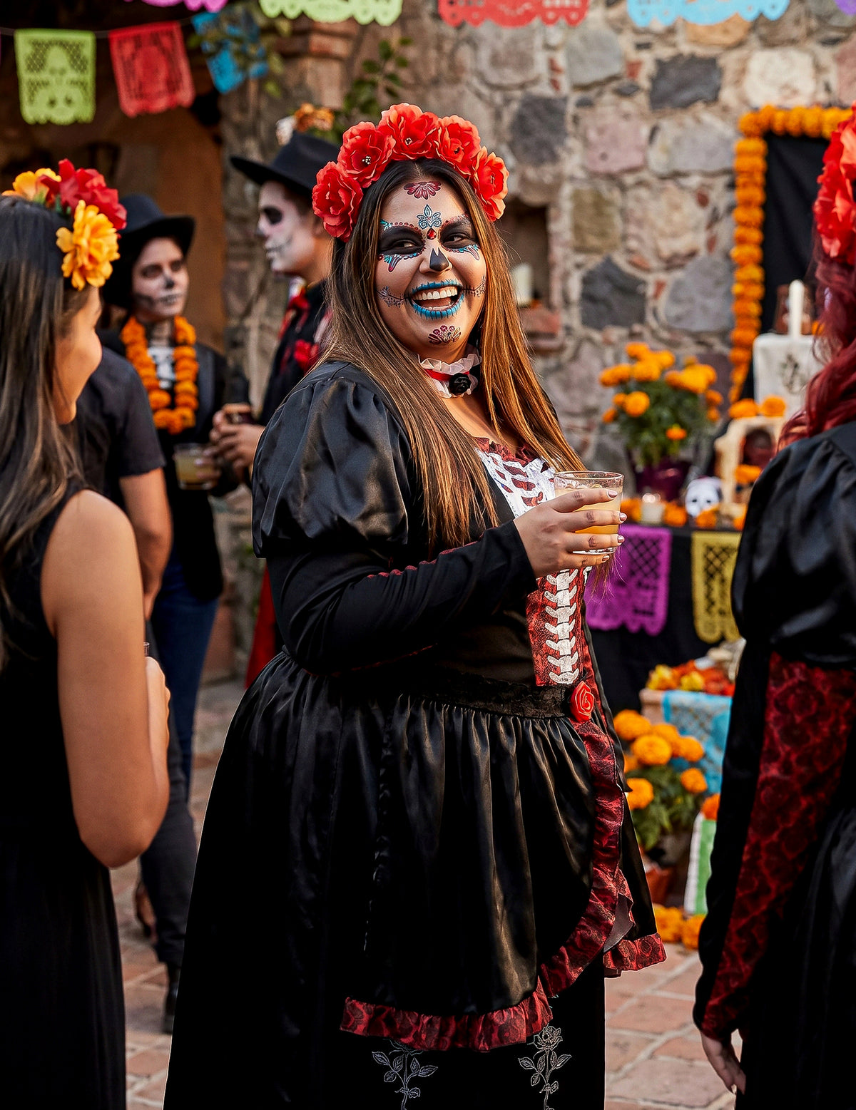 Dia de los muertos Damenkostüm in Übergröße für Frauen schwarz