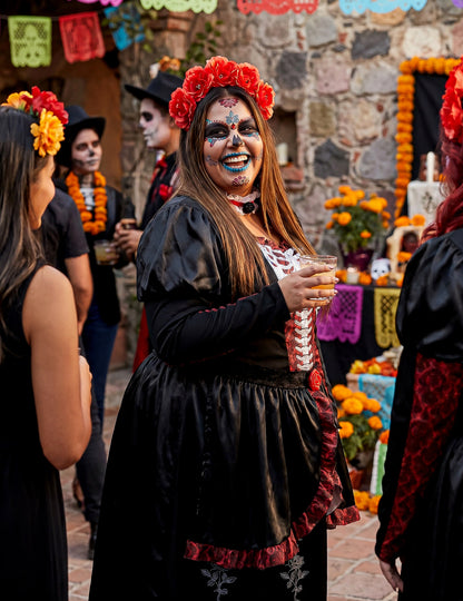 Dia de los muertos Damenkostüm in Übergröße für Frauen schwarz