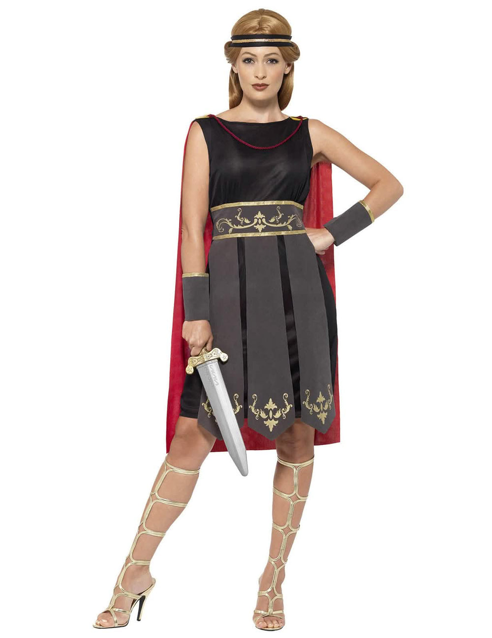 Verkleidung als Gladiatorin für Damen Schwarz und Farbe Grau mit Rotem Umhang und goldenen Details