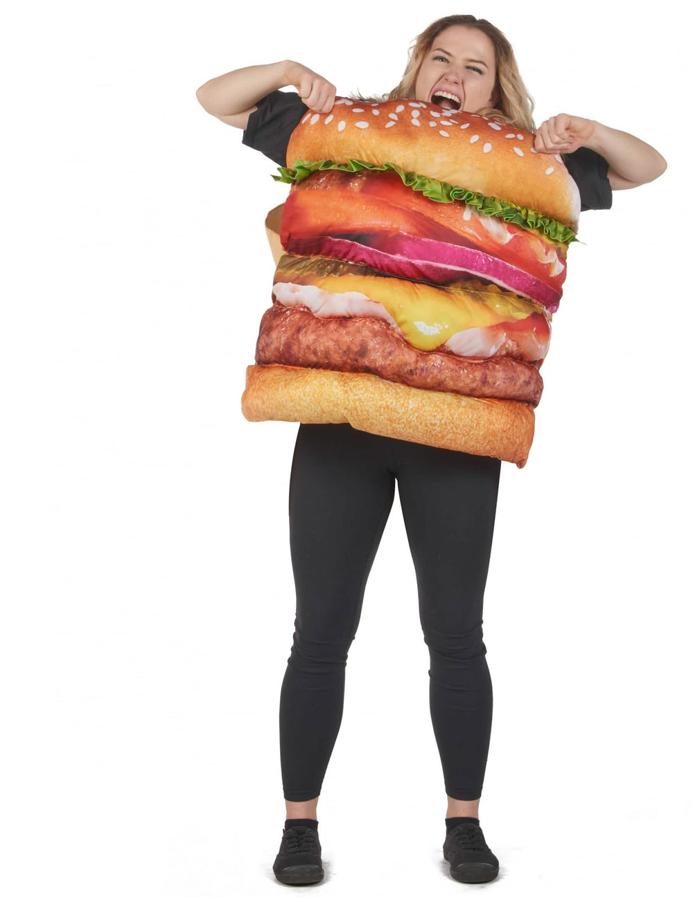 Realistische Tragefotos des Hamburger-Kostüms für Erwachsene