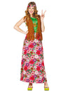 Déguisement happy hippie pour femme avec jupe longue à fleurs et gilet à franges marron