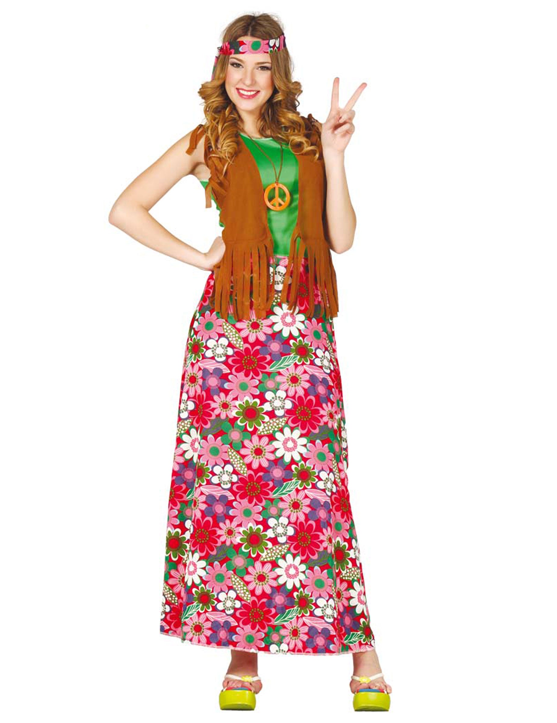 Déguisement happy hippie pour femme avec jupe longue à fleurs et gilet à franges marron