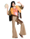Déguisement hippie année 60-70 pour femme avec pantalon à rayures et gilet à franges orange