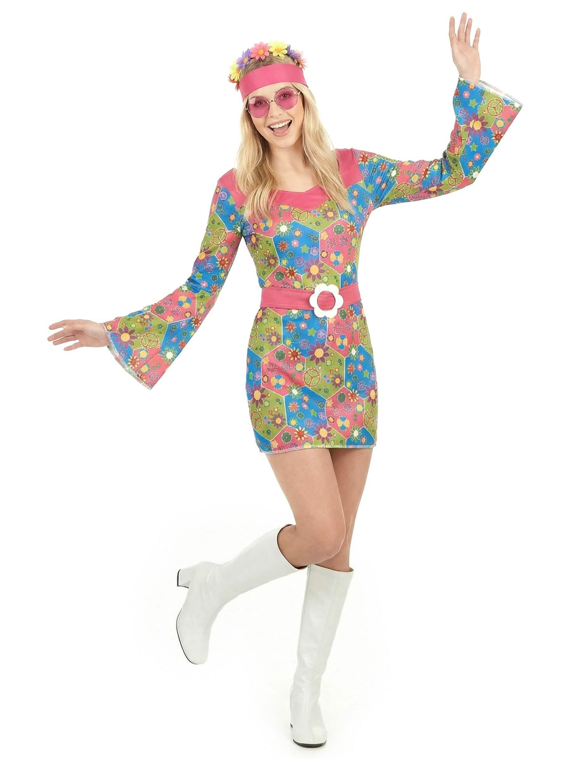 Hippie-Verkleidung mit Blumen für Damen Bunt mit Kleid mit ausgestellten Ärmeln und Stirnband