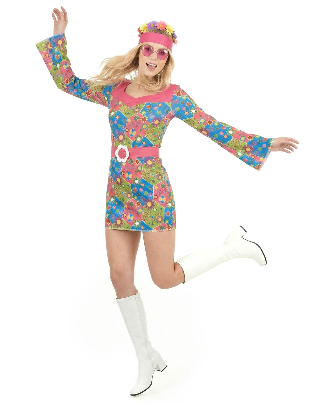 Bewegte Gesamtansicht des blumigen Hippie-Kostüms