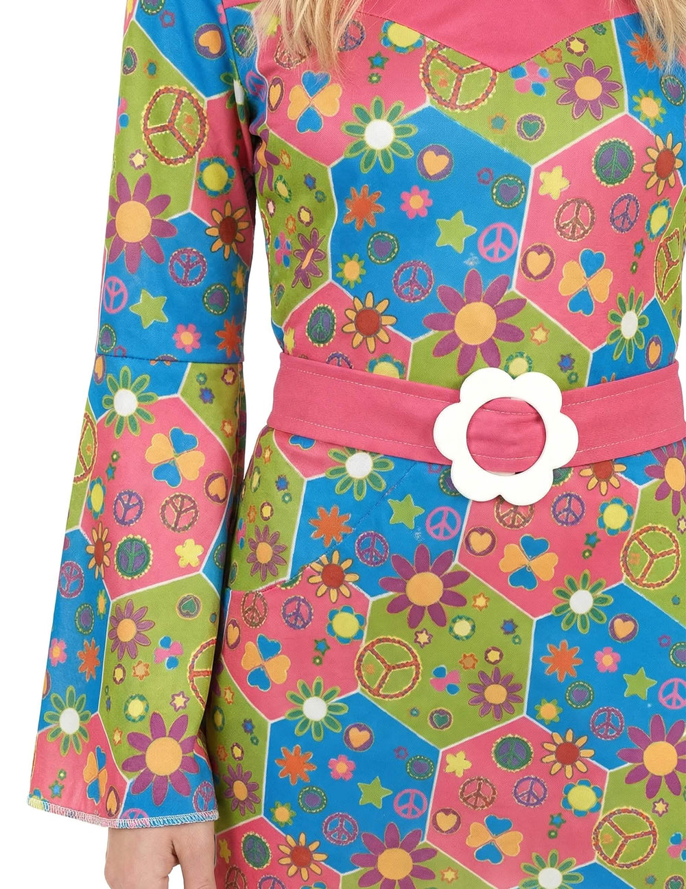 Detail des ausgestellten Ärmels und des Gürtel des Blumen-Hippie-Kostüms