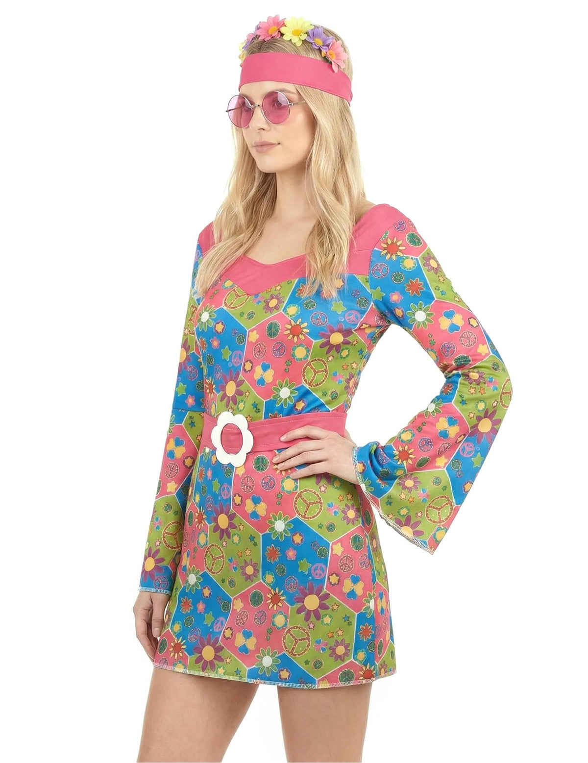 Dreiviertelansicht des Hippie-Kostüms mit Blumenprint