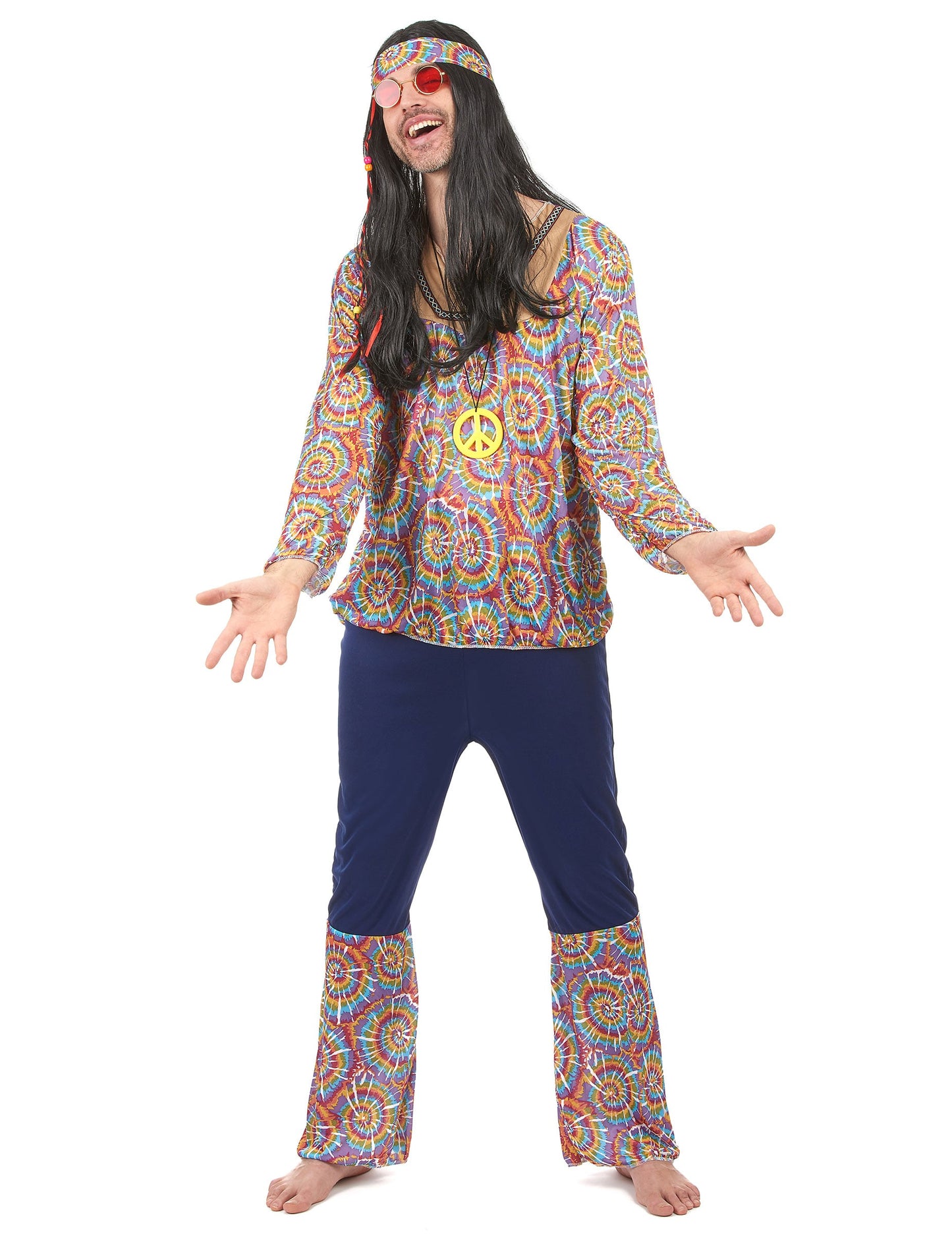 Déguisement hippie motif psychédélique pour homme multicolore avec bandeau et collier