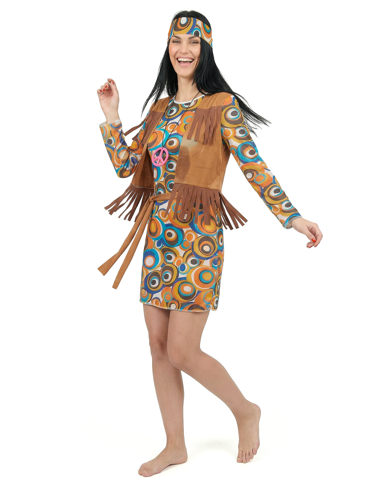 Déguisement hippie motifs ronds pour femme multicolore avec gilet marron à franges