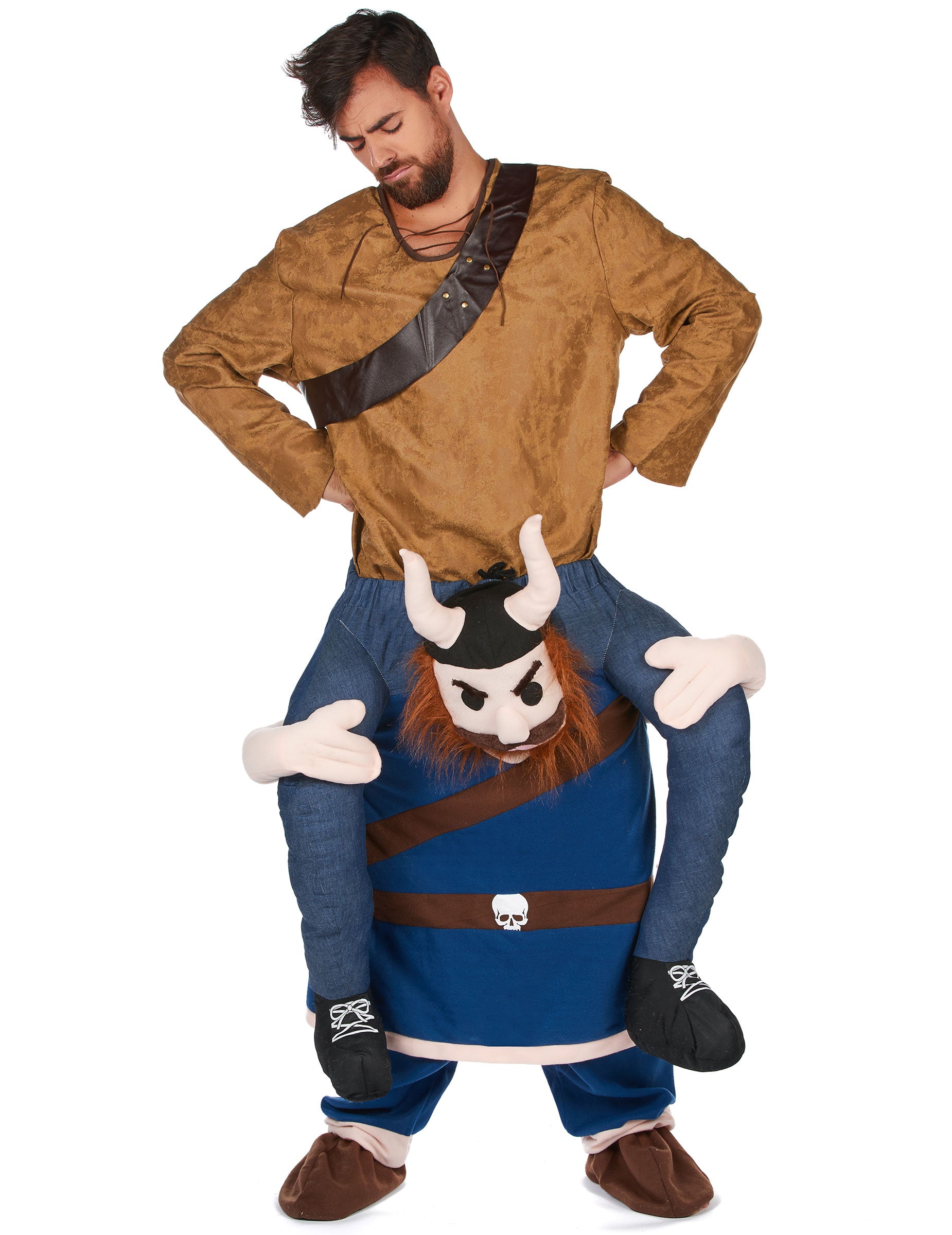 Vue de face du déguisement à dos de viking pour adulte