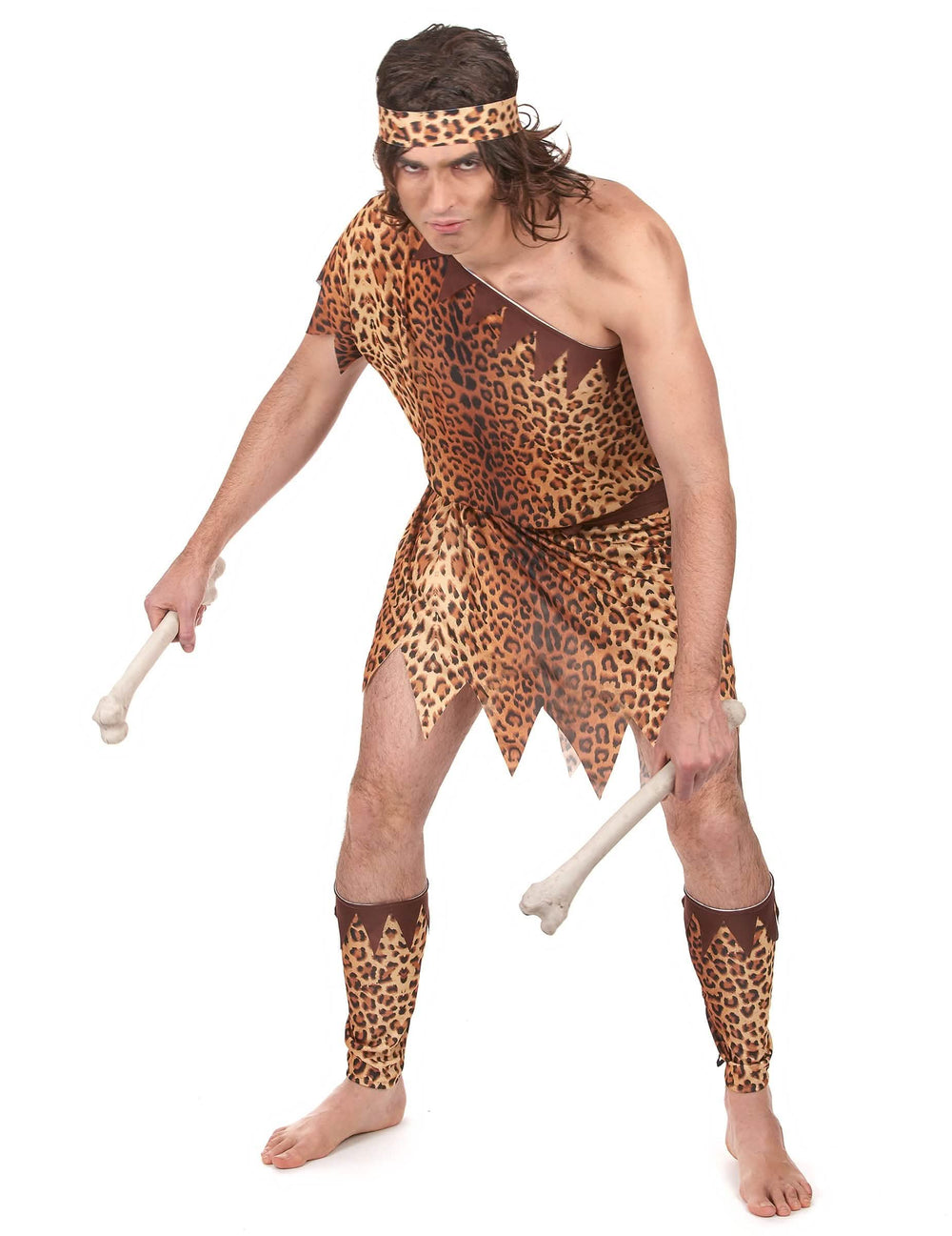 Höhlenmenschen-Kostüm für Herren mit Leopardenmuster mit Stirnband und Beinwärmern