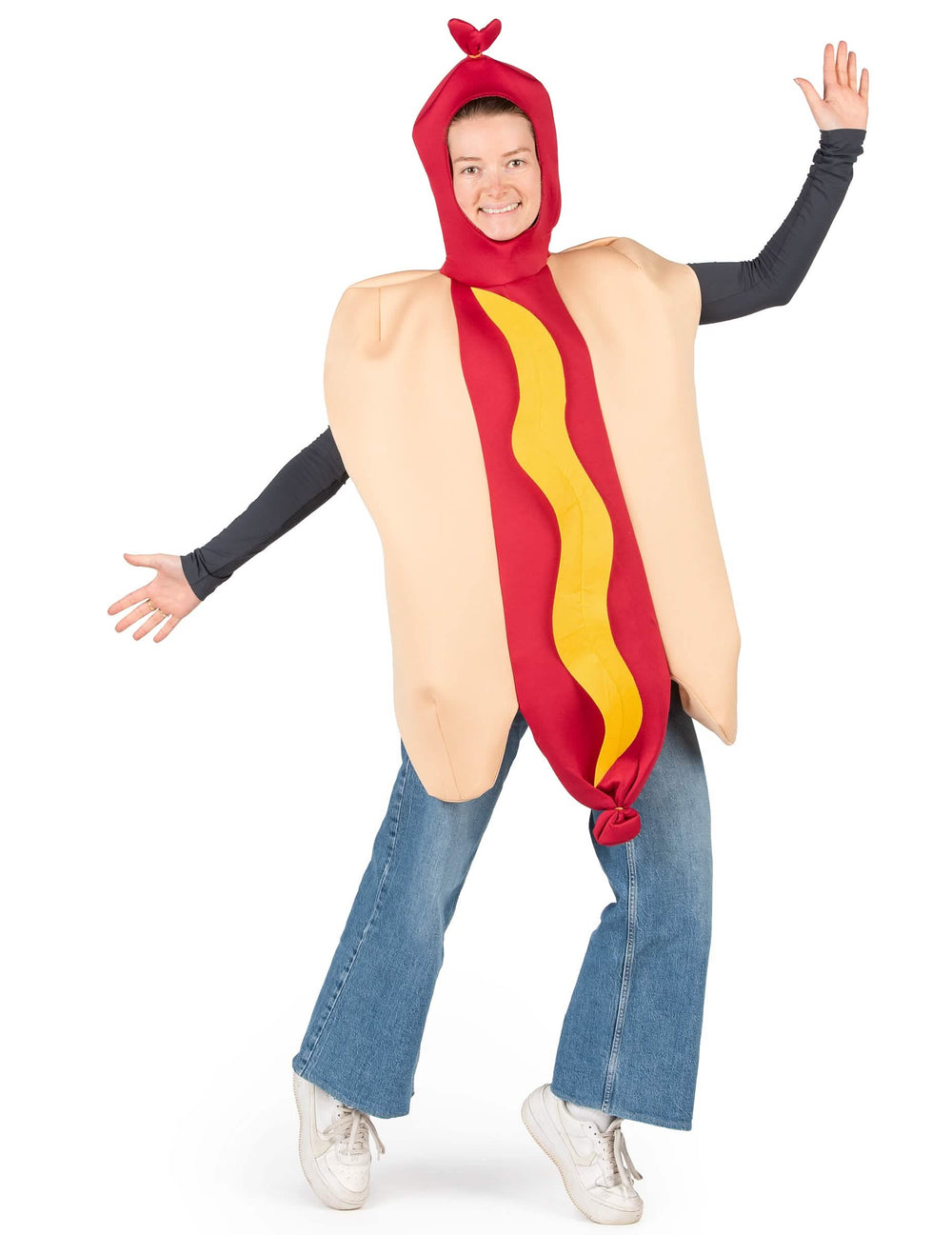 Déguisement hot dog pour adulte beige et rouge avec moutarde jaune