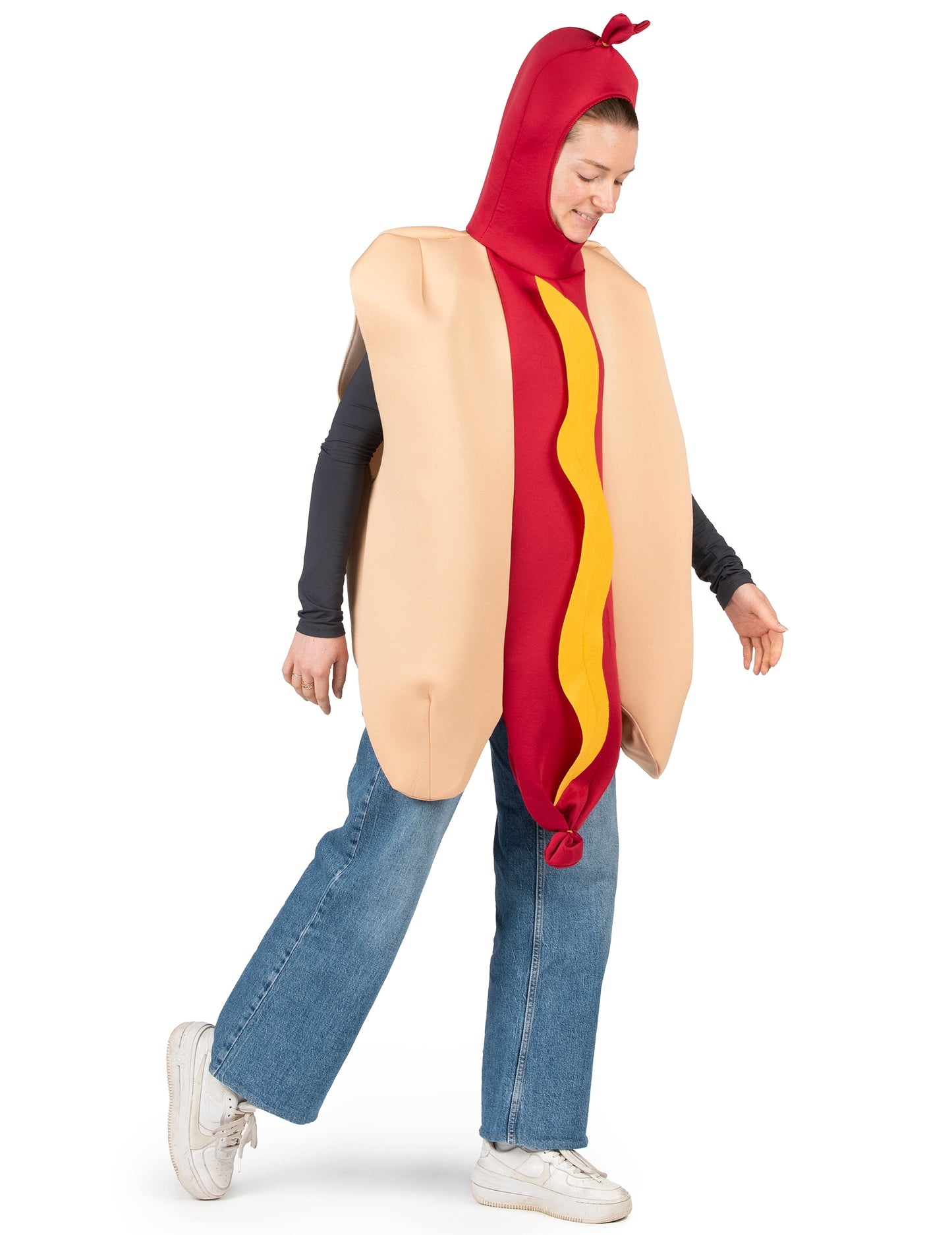 Vue de trois-quart du déguisement hot dog pour adulte