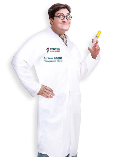 Déguisement humoristique de docteur Yves Rogne pour homme blanc avec logo apéro-thérapie