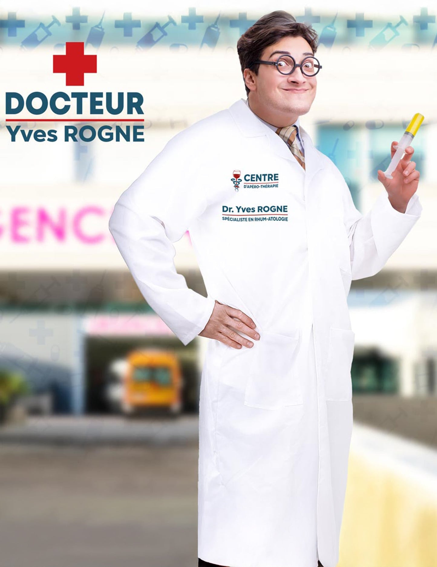 Seringue factice tenue avec le déguisement humoristique de docteur Yves Rogne