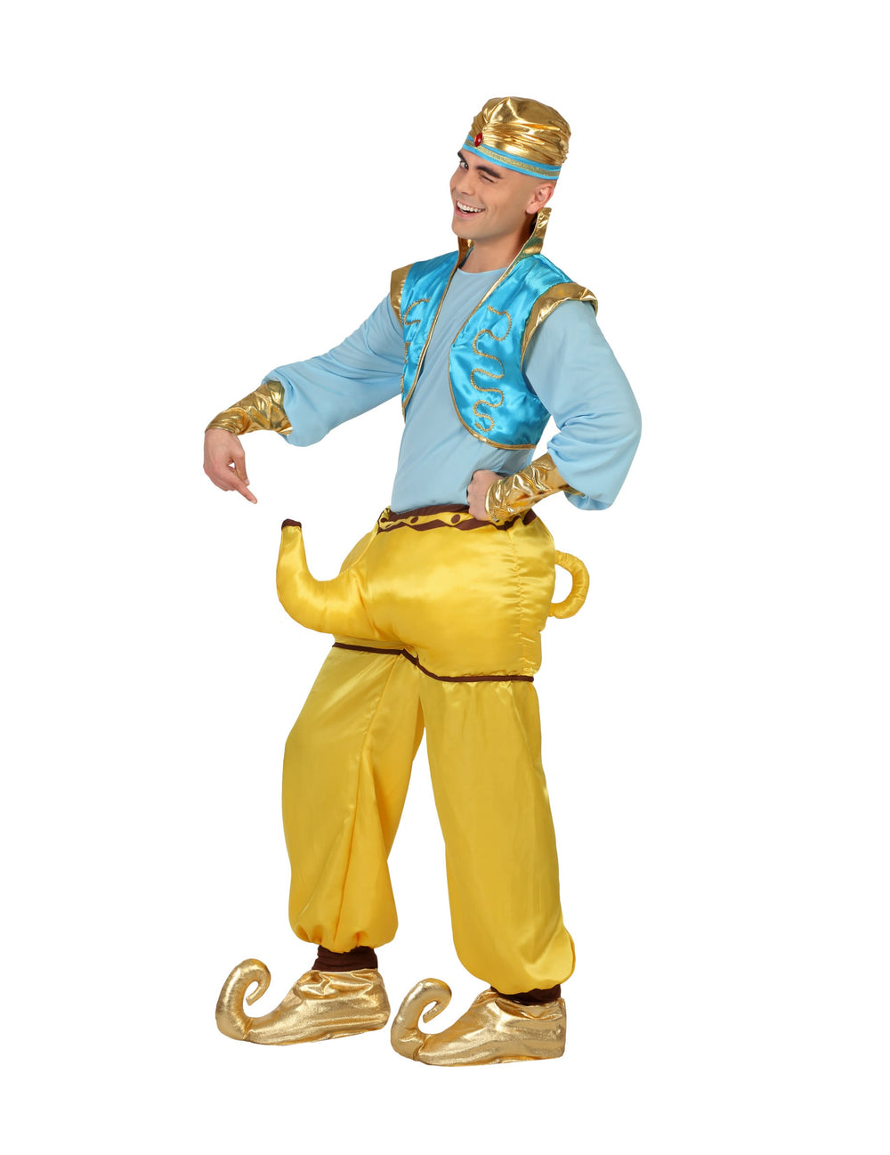 Déguisement humoristique génie pour adulte bleu et jaune avec pantalon en forme de lampe magique