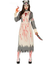 Déguisement infirmière rétro zombie pour femme gris et blanc ensanglanté