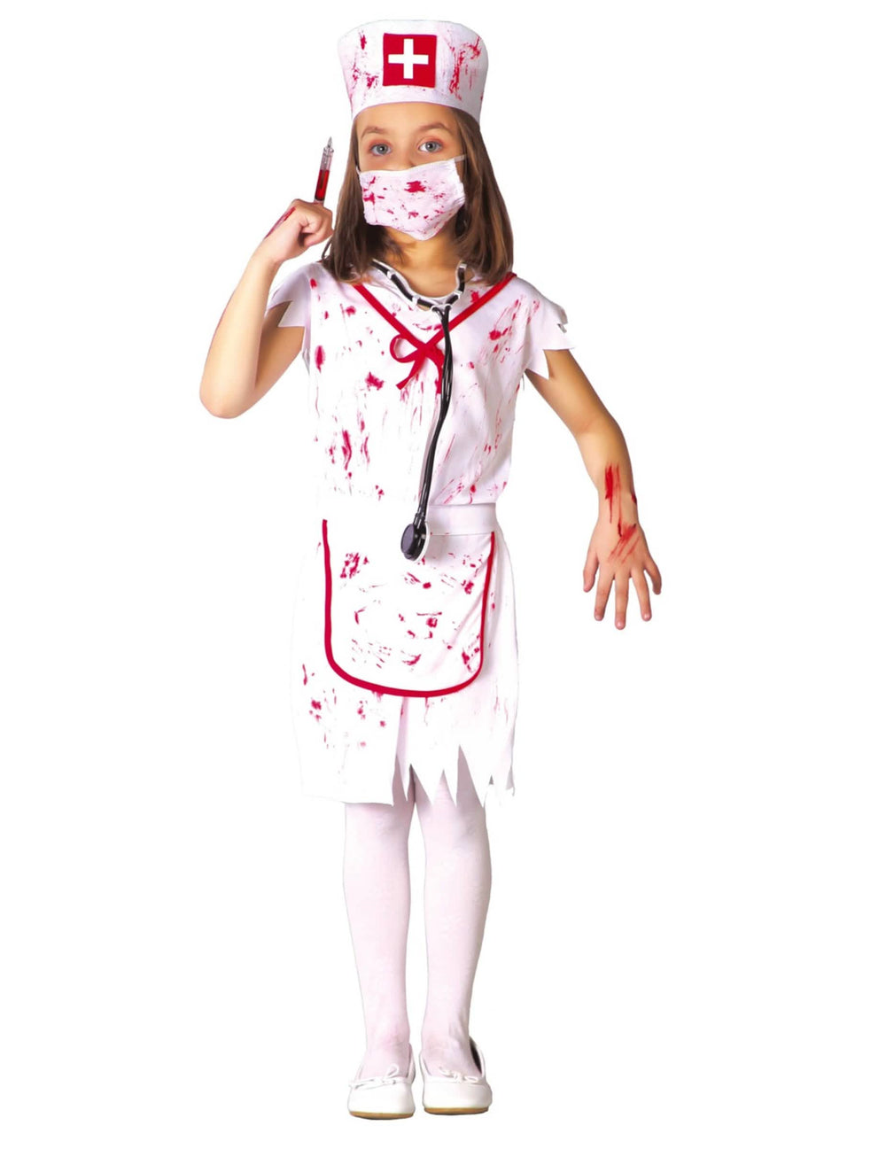 Zombie-Krankenschwester-Kostüm für weißes und blutverschmiertes Mädchen mit Maske und Haube