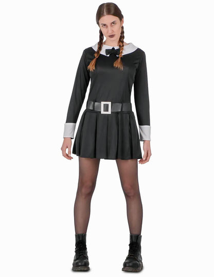 Déguisement jeune fille sinistre pour femme noir et blanc avec ceinture