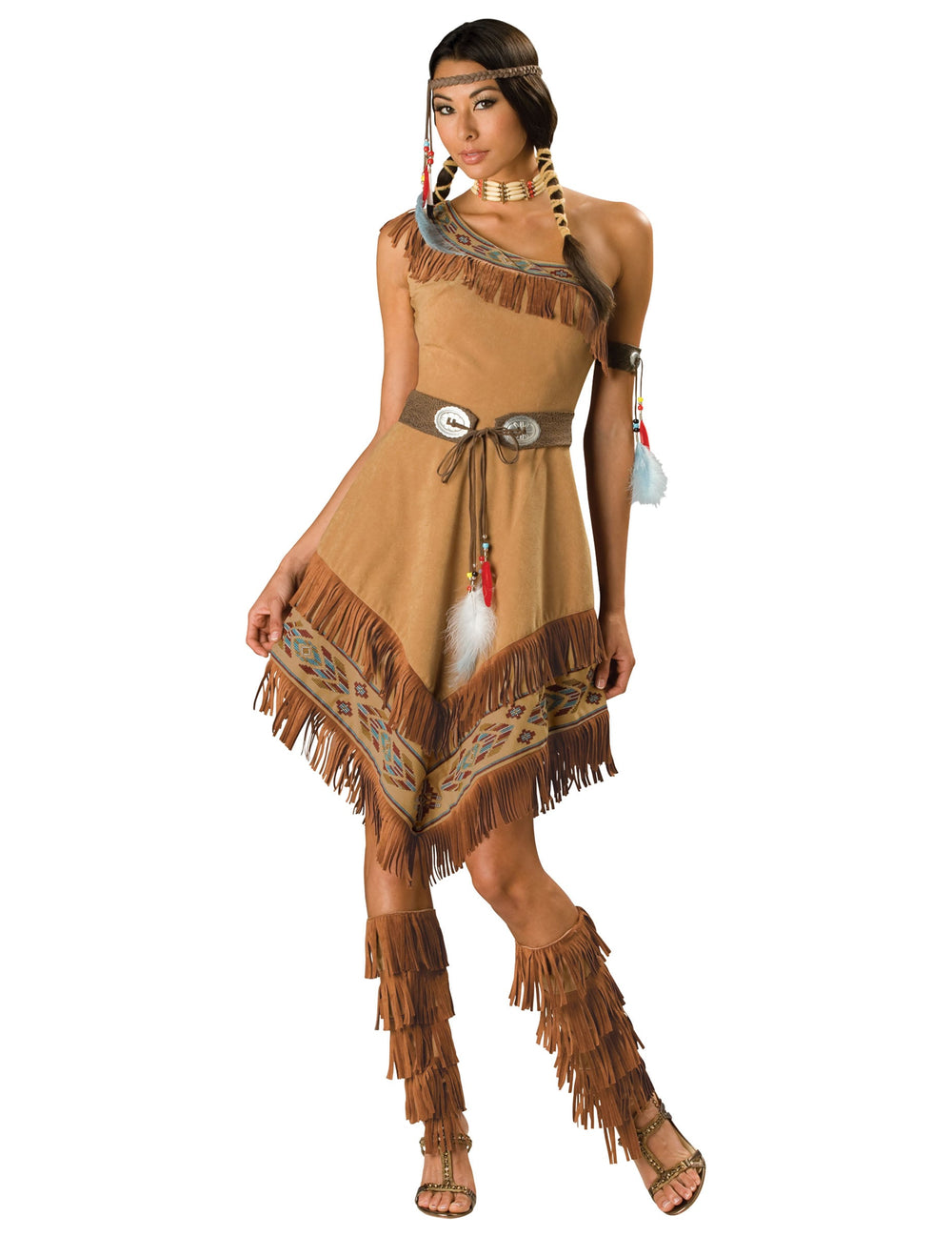 Déguisement Jeune Indienne pour femme luxe marron avec franges et plumes