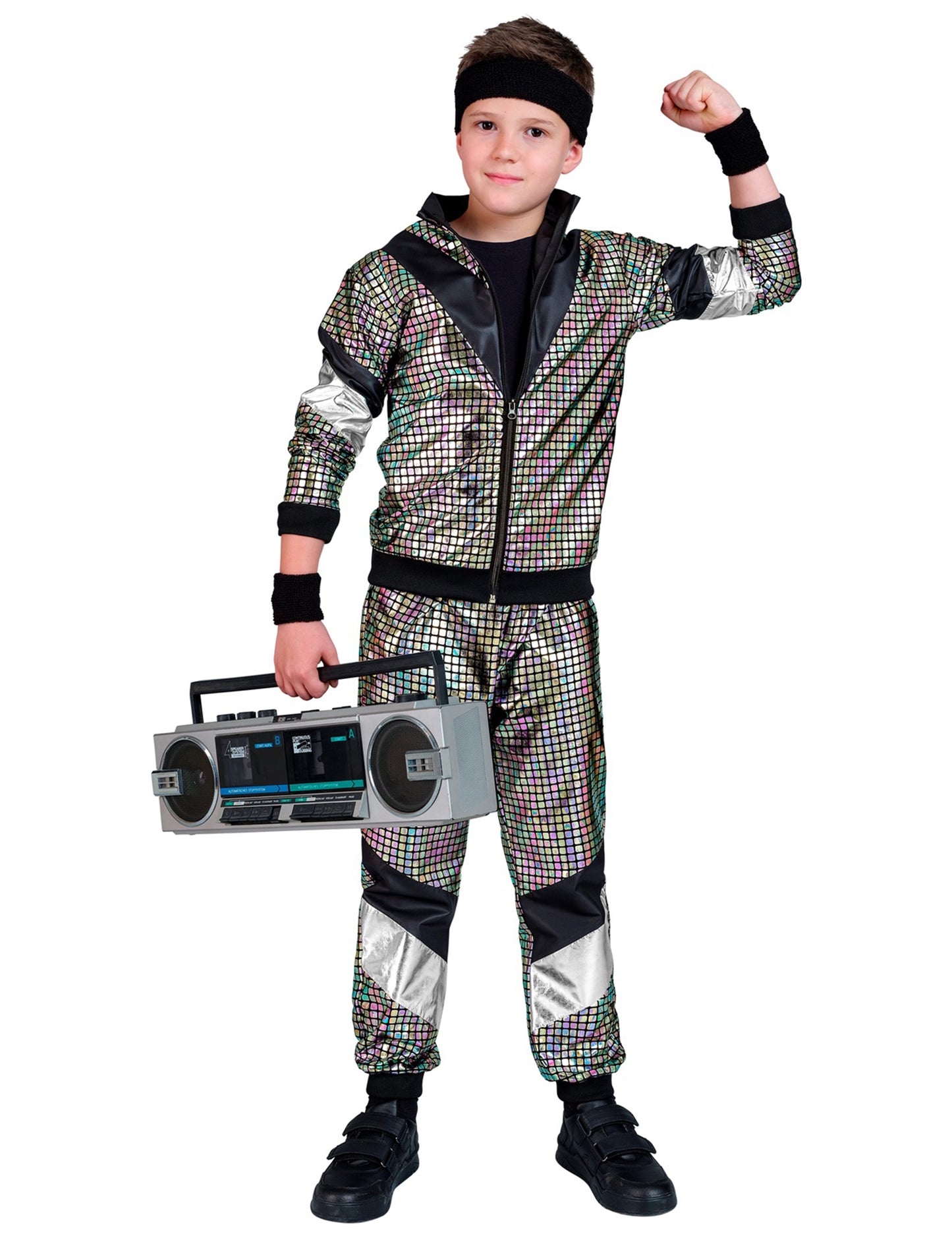Déguisement jogging disco années 80 pour enfant argenté et noir à motifs brillants